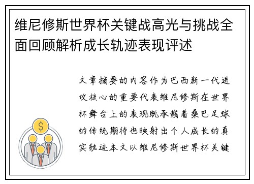 维尼修斯世界杯关键战高光与挑战全面回顾解析成长轨迹表现评述